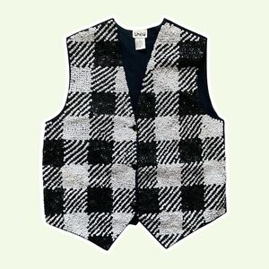 VTG ~ 1990s ~ theo ~ Black and White Gingham Sequin Vest ~ Party ~ Size S